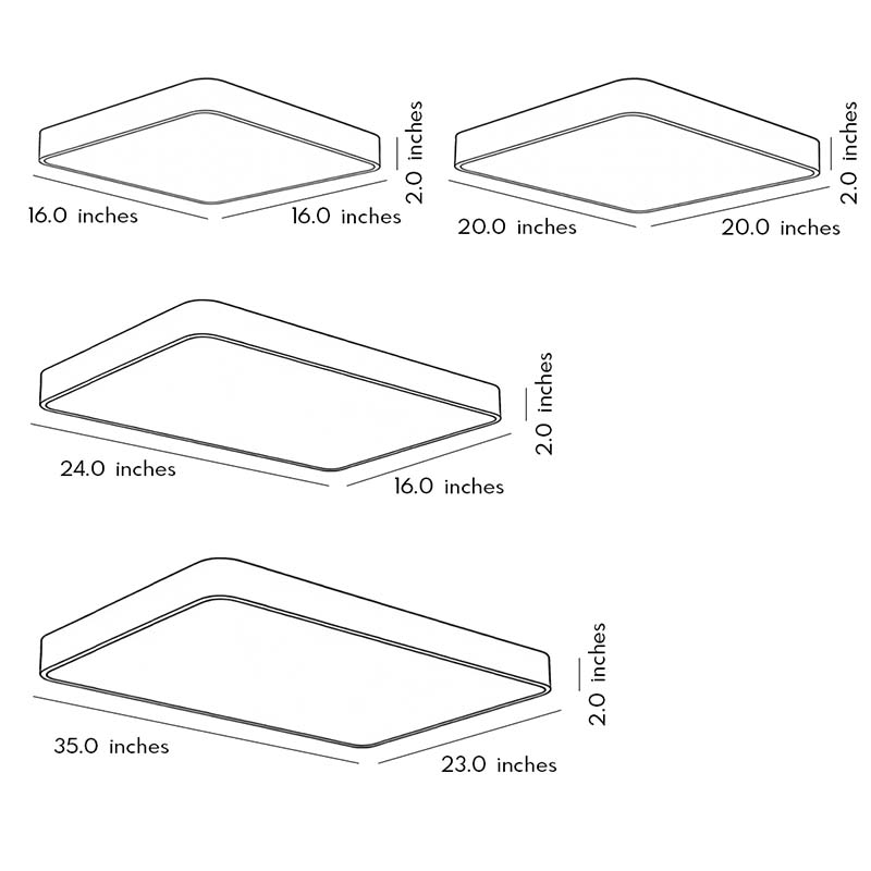 Dimensional drawings of four square ceiling light products.