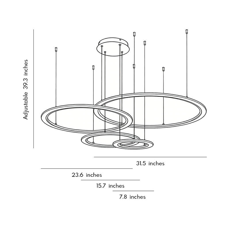 Dimensional drawing of the multi-ring chandelier 23.6inch, 31.5inch, 15.7inch, 7.8inch.