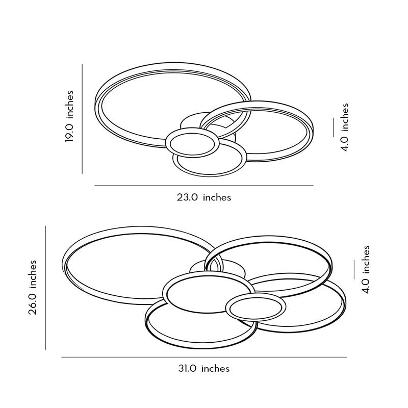 Dimensional drawings of two models of stacked ring ceiling lights.