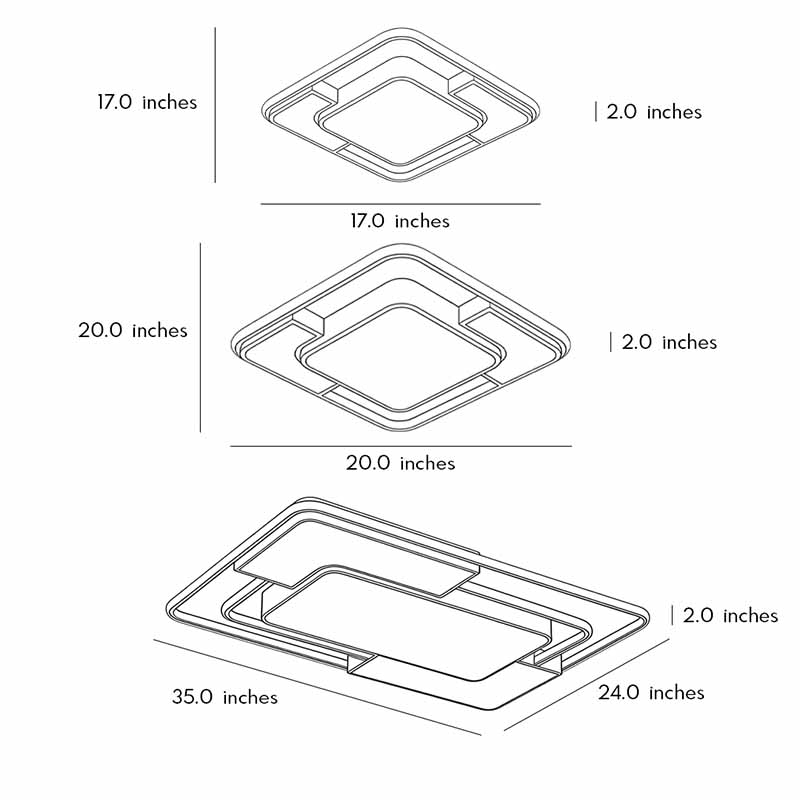 Dimensional drawings for three models of flush mount square lights.