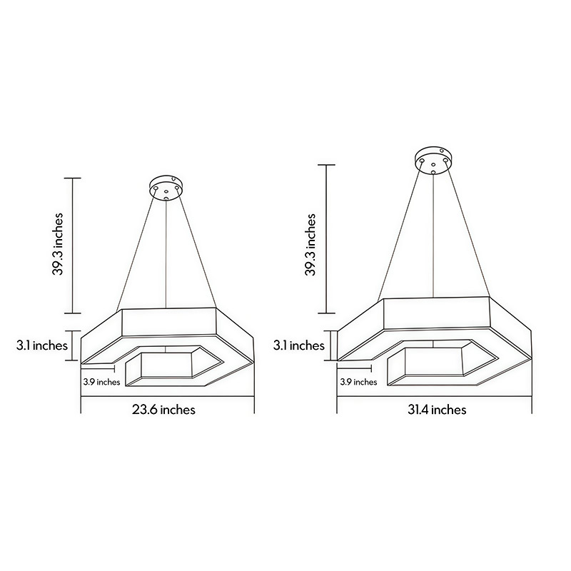 Two product dimension diagrams for modern form chandeliers.