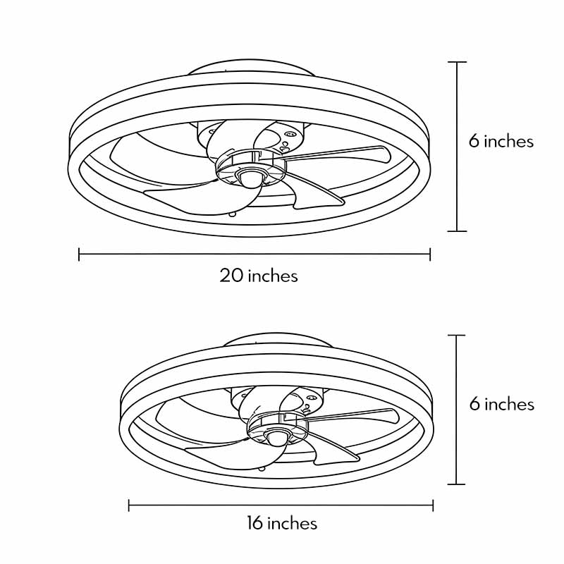 Dimensional drawings of two models of gold ceiling fans with lights.