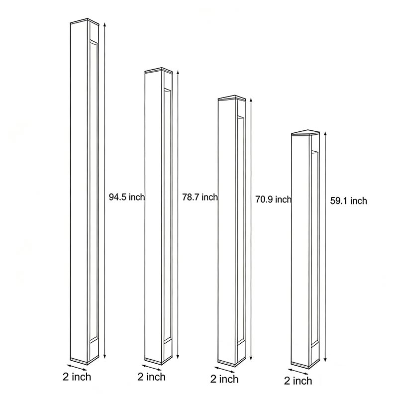 Dimensional drawings for four models of outdoor linear wall lights.