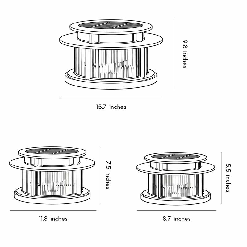 Dimensional drawings of three Pillar Solar Light products.