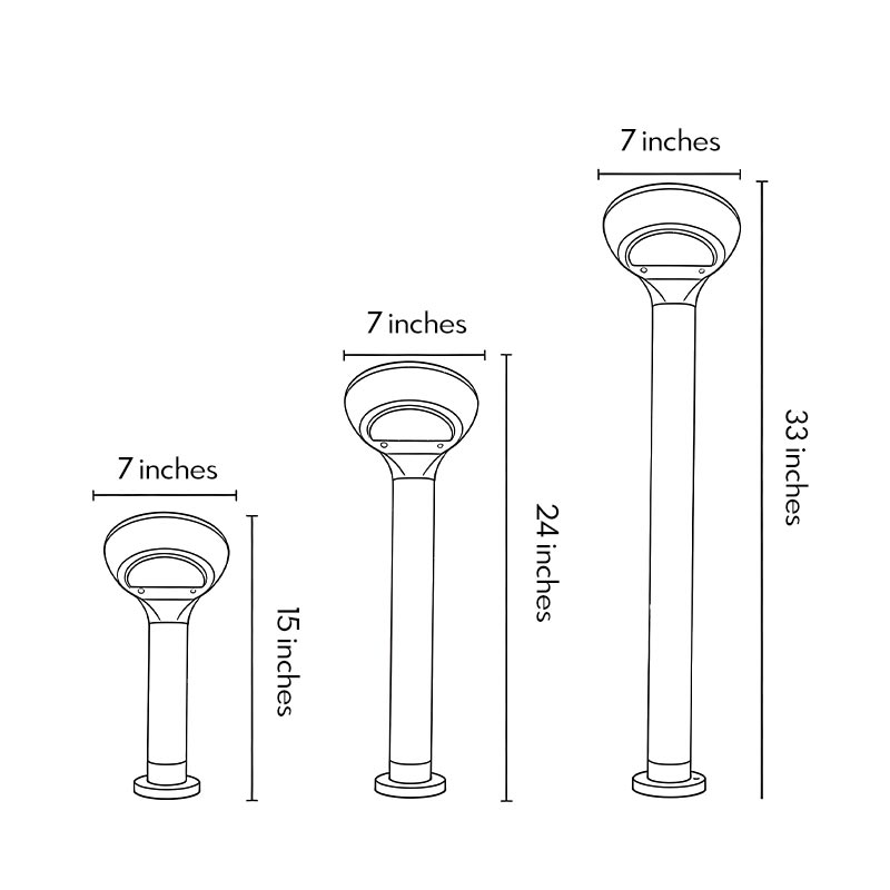 Dimensional drawings of three models of curved bollard lights.