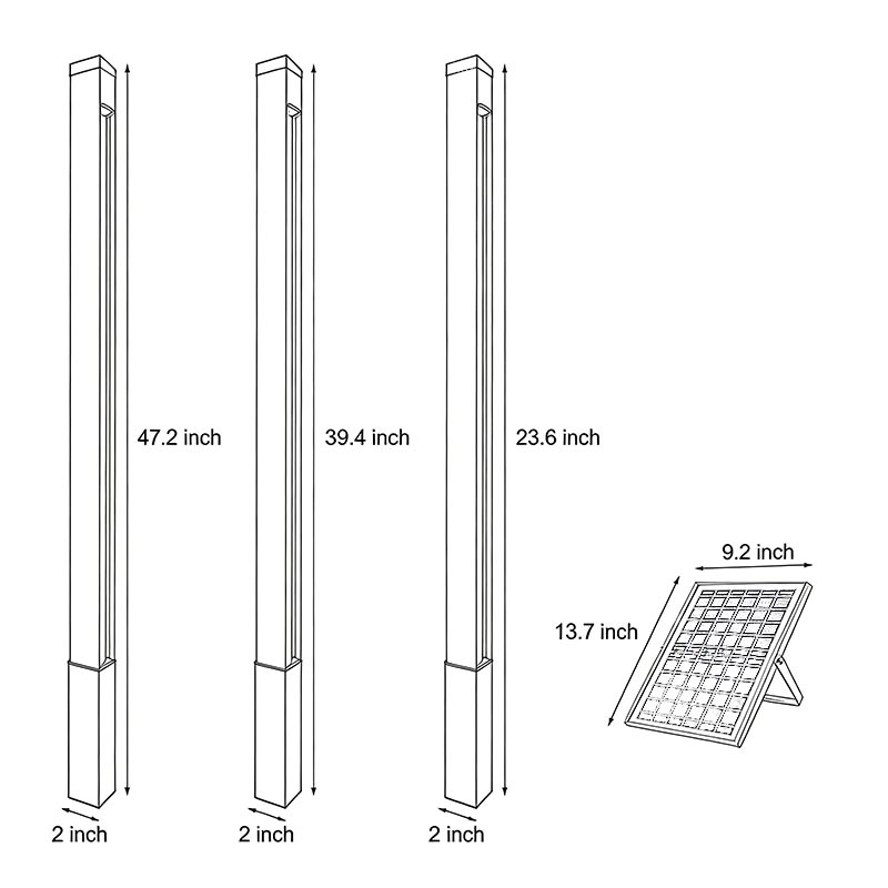 Dimensional drawings for three models of outdoor linear wall lights.