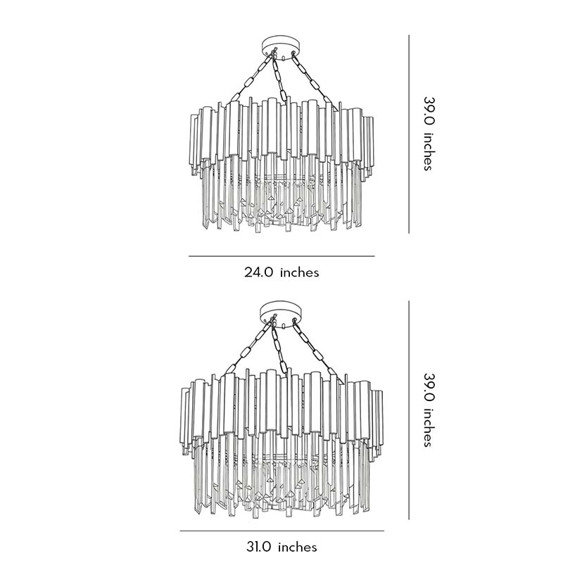 Dimensions of two different sizes of black metal and crystal chandelier.