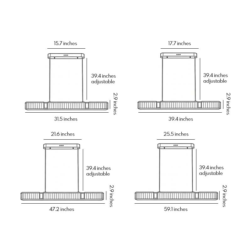 Size charts for four different sizes of the oval crystal chandelier.