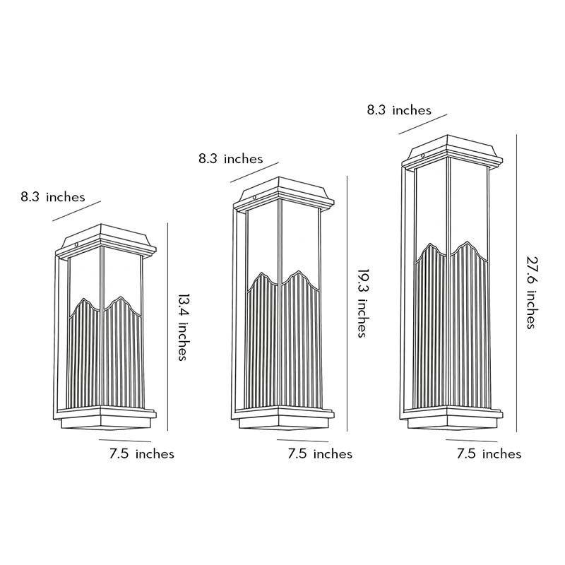 Dimensions of three different sizes of rectangular outdoor sconces.