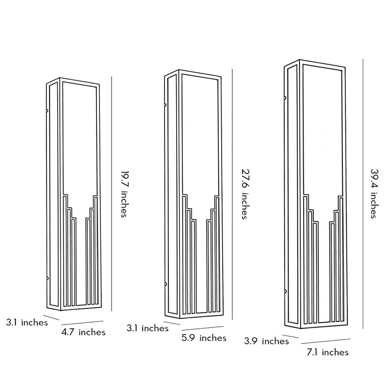 Dimensions of three different sizes of rectangular exterior wall sconce.