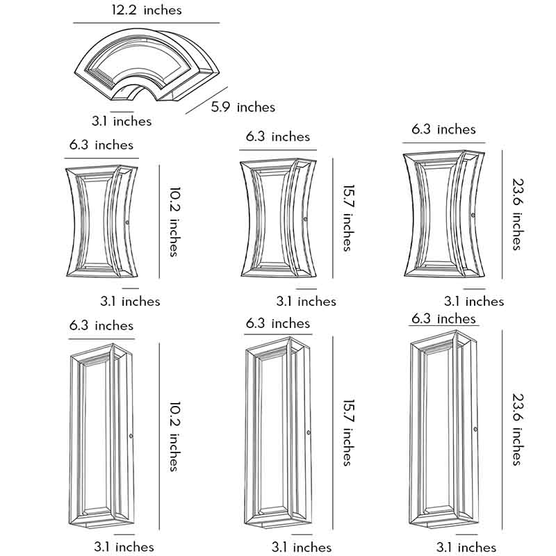 Size charts for seven different sizes of the fan-shaped wall sconce.