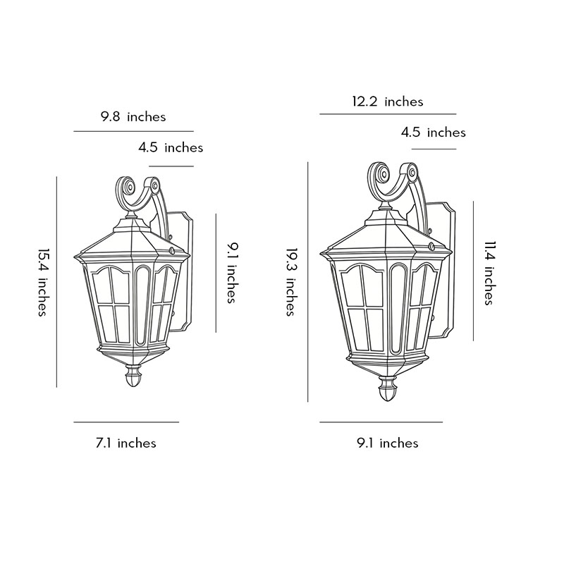 Size diagrams for two different specifications of outdoor front porch lights.