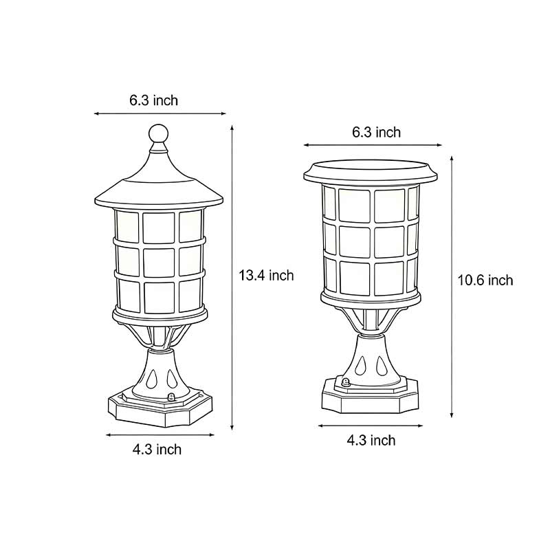 Dimension diagrams for two different specifications of house pillar lights.