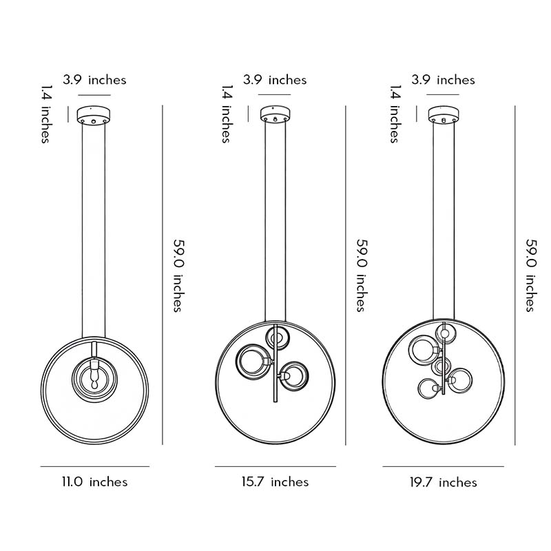 Product dimension diagrams for three specifications of the vertical ring pendant light.