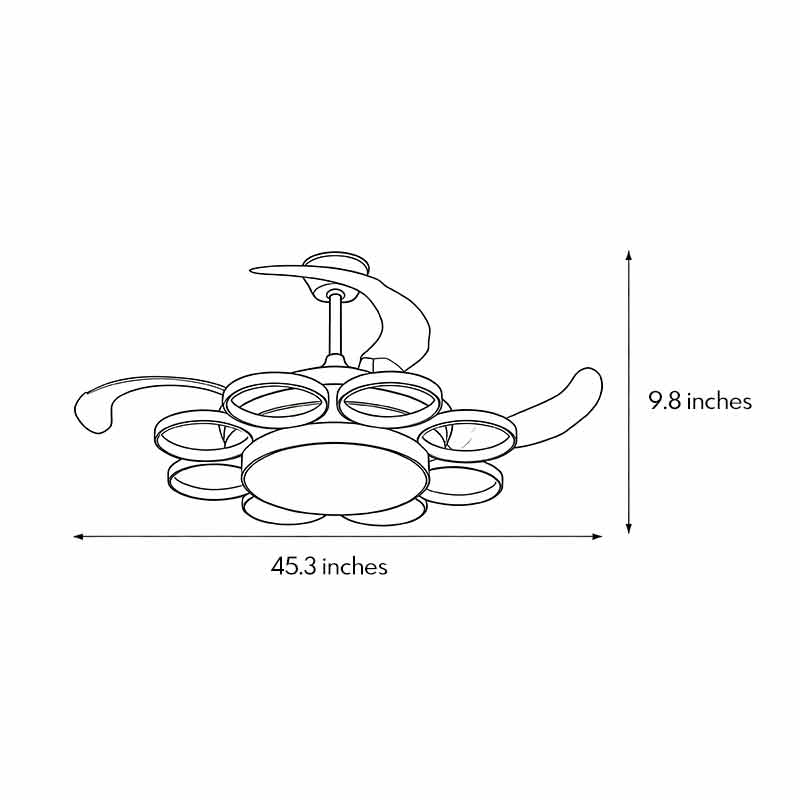 Product dimension diagram for the modern gold ceiling fan with light 45.3inch * 9.8inch.
