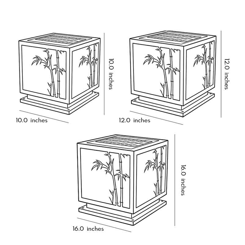 Product dimension diagrams for three specifications of light box pillar lights.