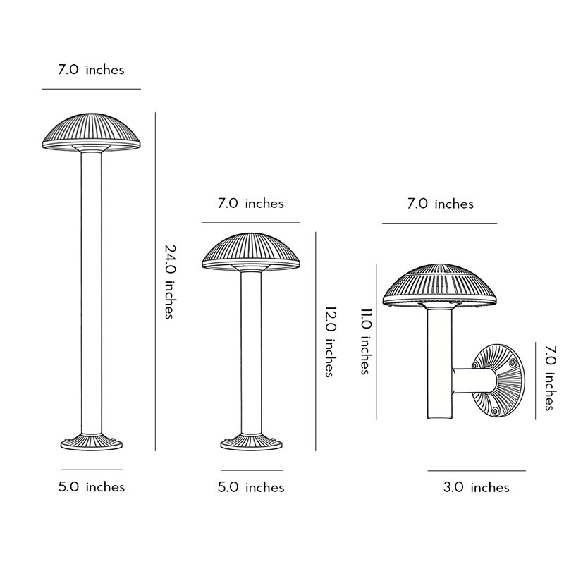 Product size diagrams for three specifications of mushroom landscape lights.