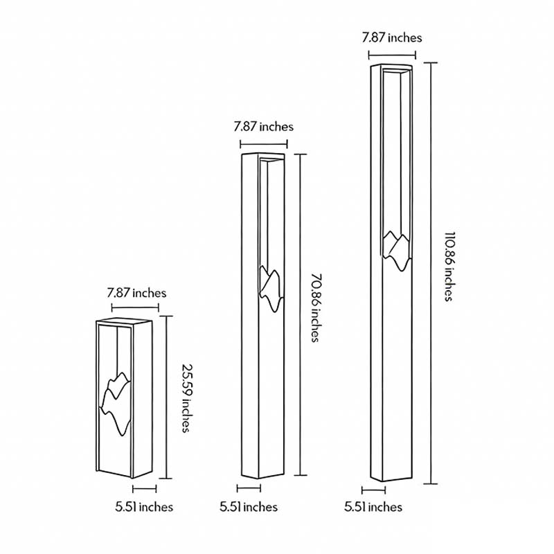 Hollow lawn lamp: product size diagram for three sizes.