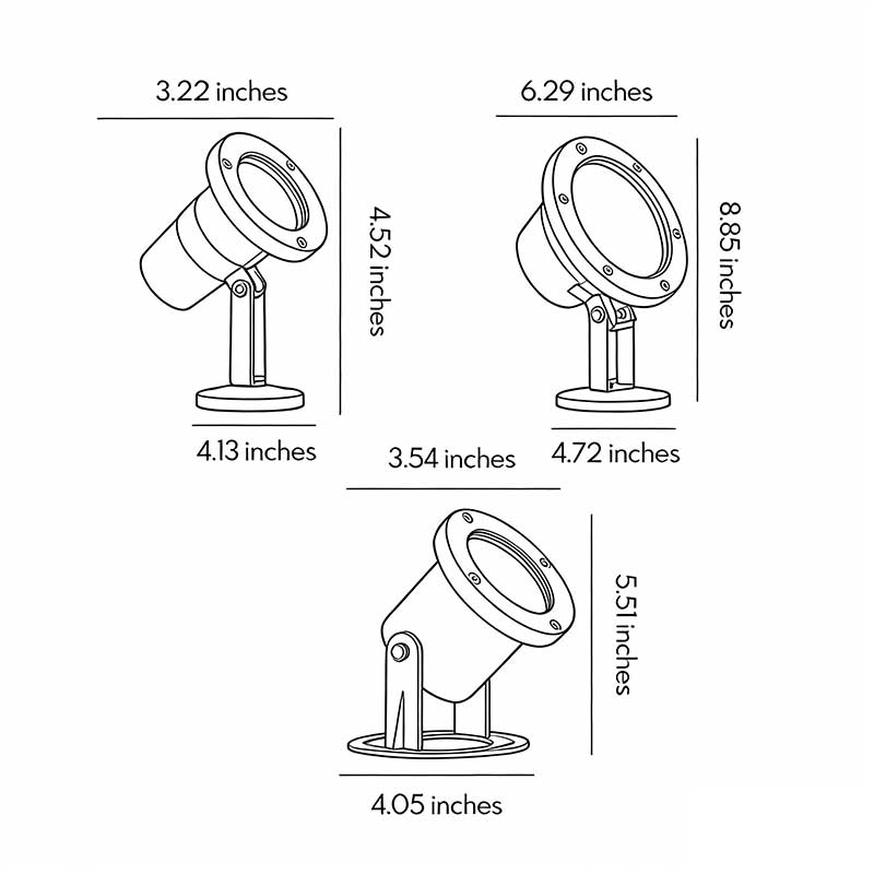 Product size diagrams for three specifications of underwater spot lights.